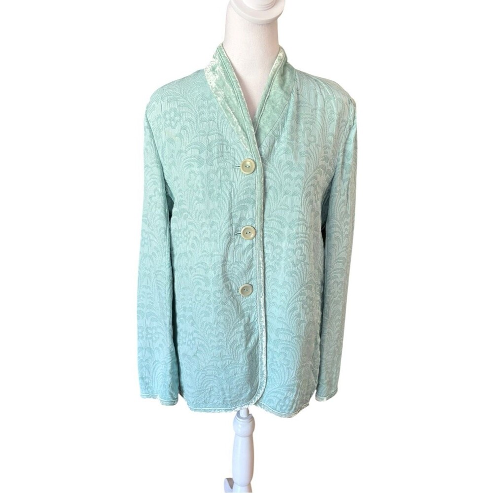 J Jill Silk Woven Velvet Blazer Jacket Womens Size XS Blue Green
